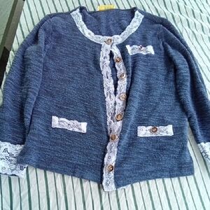 Womans L Aleesa W. Collection Blue Lace Trim Cardigan